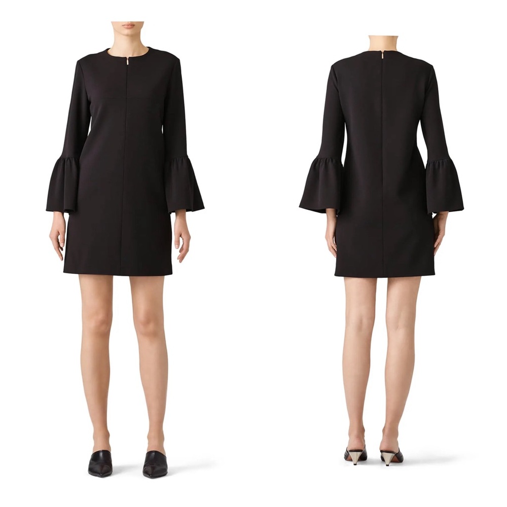 Tibi $395 Black Crepe Structured Dress Size 2 Bell Sleeve Shift Work LBD Mod